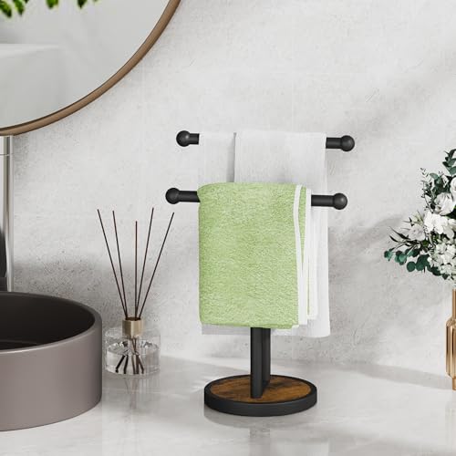 YINMIT Hand Towel Stand with Heavy Wood Base, Free Standing Towel Rack Double T-Shape Hand Towel Holder for Bathroom, Countertop Towel Holder for Bathroom, Kitchen, Countertop Vanity - color: Rustic Brown 2 Tier