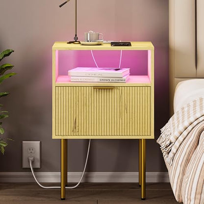 JOONEE Nightstand with Charging Station, Bedside Table with Storage Drawer, Fluted Side Table for Living Room, Bedroom - color: Yellow Oak