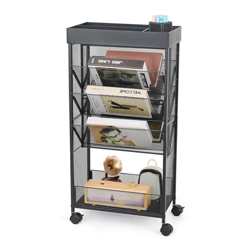 gianotter Book Rack Storage Bookshelf, 5 Tier Book Carts with Wheels, Rolling Cart Organizer for Study Office Kitchen Classroom