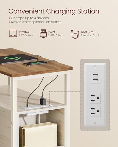 VASAGLE Side End Table with Charging Station, Slim Nightstand with 2 Drawers, Narrow Bedside Table for Living Room, Small Spaces, Honey Brown and Rustic White ULET321W01V1S - color: Honey Brown + Rustic White, size: 23.6"D x 11.8"W