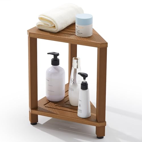 Corner Shower Stool with Storage Shelf, HDPS Waterproof Shower Foot Rest for Shaving Legs, 2-Tier Triangle Bathroom Stool for Inside Shower, Non-Slip Small Shower Bench, Teak Color - color: Teak Color