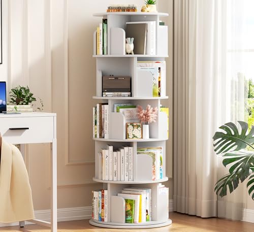 Aheaplus 5 Tier Rotating Bookshelf, Wood Spinning Bookshelf Tower, Round Revolving 360 Bookcase, Narrow Turning Book Shelf Rolling Corner Organizer for Small Space, Bedroom, Office, White - color: White, size: 5-Tier