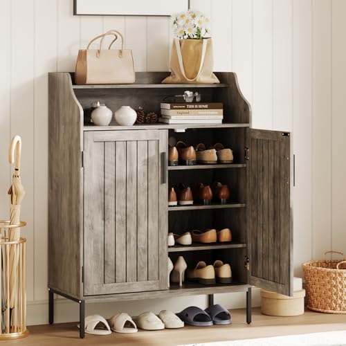 Modern Shoe Storage Cabinet with 4-Tier & 3 Adjustable Shelves | Slim Design, Enclosed Doors, Sturdy MDF, Anti-Tip Kit - color: Grey