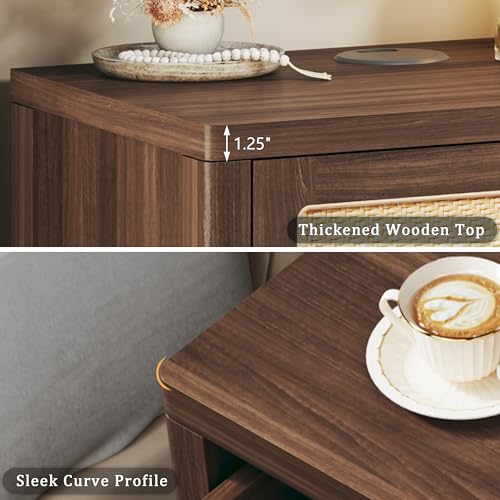 Rattan Nightstand, Night Stand with Wireless Charging, Mid Century Modern Bedside Table with Drawer & Open Shelf, Curved Profile Design, End Side Table with Storage for Bedroom, Walnut - color: Walnut