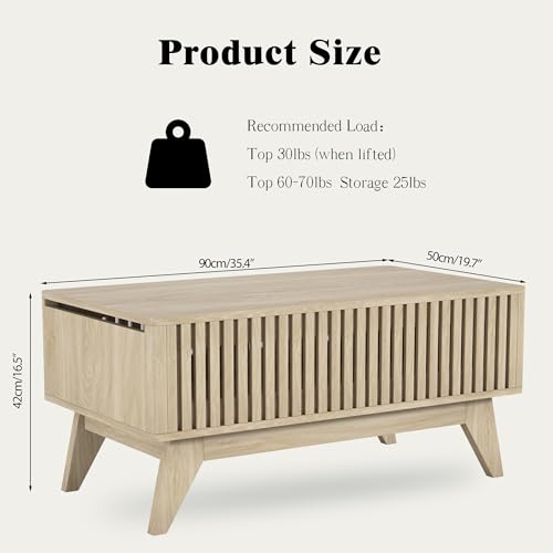 Lift Top Coffee Table with Hidden Compartment, Mid Century Modern Coffee Table for Living Room, Fluted Design Farmhouse Center Table with Storage (Wood, 35.4" W) - color: Wood