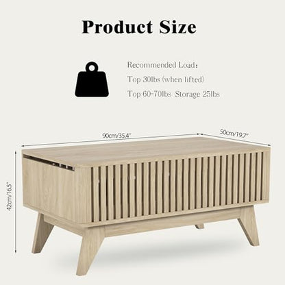 Lift Top Coffee Table with Hidden Compartment, Mid Century Modern Coffee Table for Living Room, Fluted Design Farmhouse Center Table with Storage (Wood, 35.4" W) - color: Wood