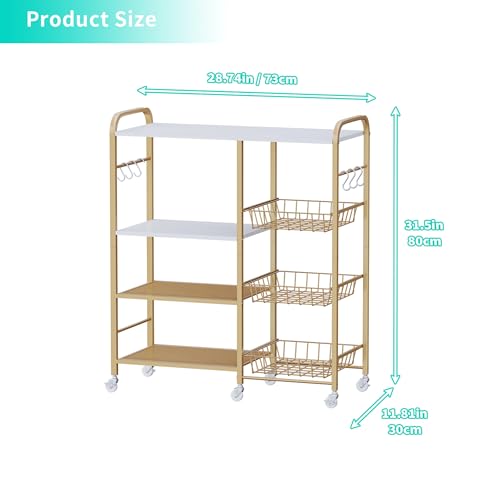 HapiRm Rolling Kitchen Microwave Cart - 4 Tier Microwave Table Stand with Pull-Out Baskets, Coffee Bar Baker's Rack with Wheels Rolling Storage Cart Organizer Shelf for Living Room Office, Balcony - color: Gold