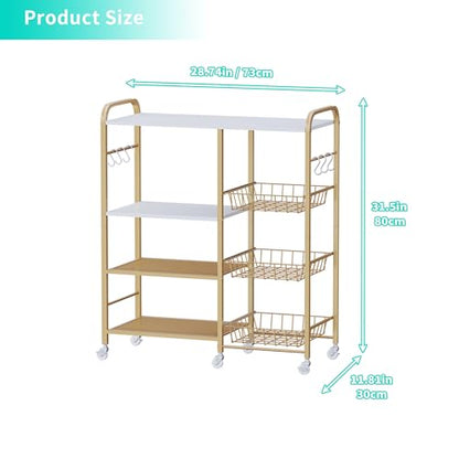 HapiRm Rolling Kitchen Microwave Cart - 4 Tier Microwave Table Stand with Pull-Out Baskets, Coffee Bar Baker's Rack with Wheels Rolling Storage Cart Organizer Shelf for Living Room Office, Balcony - color: Gold