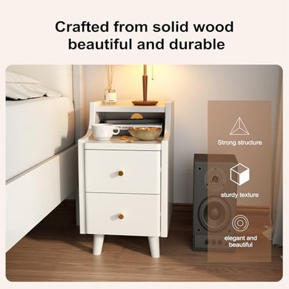 Narrow Nightstand with 2 Drawers,White Nightstand,Bedside Table,Solid Wood Modern Bedside Table for Bedroom,Study,Toilet - color: White, size: 15.75"D x 11.81"W x 22.32"H(2 Drawers)