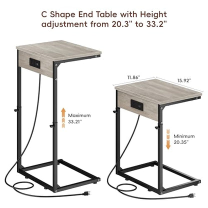 C Shaped End Table with Charging Station, Adjustable Height Side Table for Couch,Small Side Table Small Spaces,33.2'' Tall Couch Tables that Slide Under, Tv Tray Table for Living Room, Greige - color: Greige (1 Pack), style: With Plug