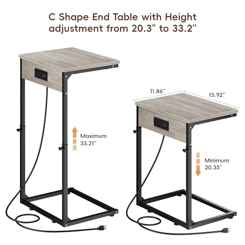 C Shaped End Tables Set of 2 with Charging Station, 33.2'' Tall C Table Adjustable Height Side Table, Small Side Table for Small Spaces, Couch Sofa Table TV Tray for Living Room, Greige - color: Greige (2 Pack), style: With Plug