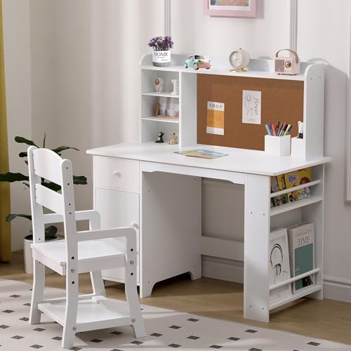Garvee Kids Desk, Study Desk and Chair Set for Boys and Girl, Wooden Kids Writing Table with Bookshelf, Bulletin Board, Cabinet and Drawer for Ages 3-8, White - color: Pure White, style: 1 Cabinets+1 Drawer