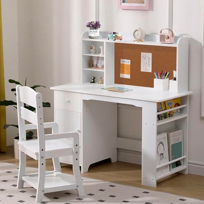 Garvee Kids Desk, Study Desk and Chair Set for Boys and Girl, Wooden Kids Writing Table with Bookshelf, Bulletin Board, Cabinet and Drawer for Ages 3-8, White - color: Pure White, style: 1 Cabinets+1 Drawer