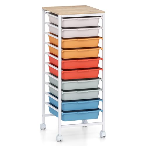 COSTWAY Rolling Storage Cart with Drawers, Multipurpose Utility Cart w/Wooden Tabletop & 2 Lockable Caster, Plastic Mobile Drawer Storage Organizer for Classroom, Home, Office (Macaron, 10 Drawers) - color: Macaron, size: 10 Drawers