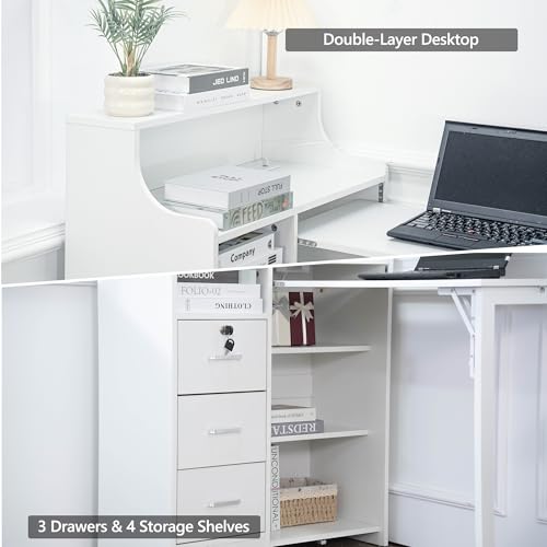 Folding Desk with Storage,Hidden Desk with Lockable Drawers & Shelves, Built-in Power Outlet,Fold Out Desk for Study and Home Office - color: White