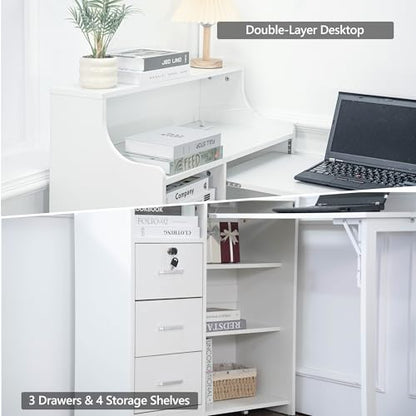 Folding Desk with Storage,Hidden Desk with Lockable Drawers & Shelves, Built-in Power Outlet,Fold Out Desk for Study and Home Office - color: White