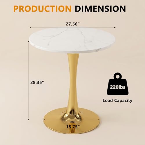 27.6" Marble Round Tulip Table, Mid-Century Modern Style Dining Table with Gold Pedestal Base for 2-4 People, Featuring A Marble Tabletop for Kitchen, Dining Room, Cafe (White) - color: White#gold