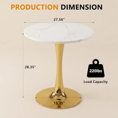27.6" Marble Round Tulip Table, Mid-Century Modern Style Dining Table with Gold Pedestal Base for 2-4 People, Featuring A Marble Tabletop for Kitchen, Dining Room, Cafe (White) - color: White#gold