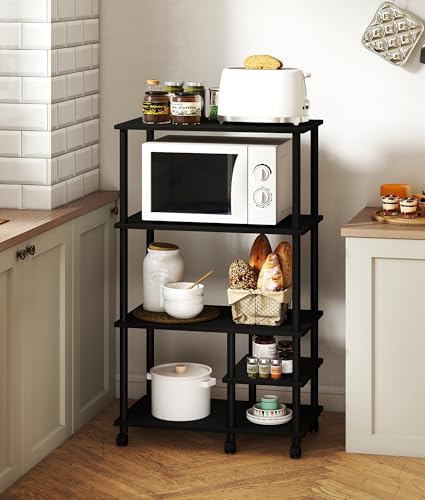 4-Tier Microwave Cart with Storage, Rolling Kitchen Cart with Wood Top, Coffee Table Standing Baker's Racks for Kitchens, Living Room, Balcony, Black - color: Black