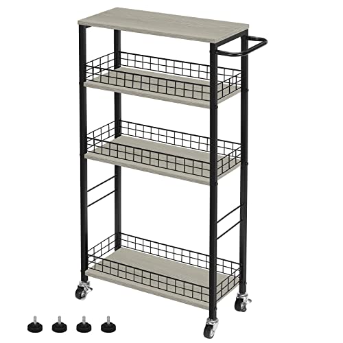 YBING Slim Storage Cart 4 Tier Narrow Rolling Cart on Wheels Mobile Kitchen Narrow Cart with Wooden Tabletop Grey Slim Utility Kitchen Storage Cart with Handle for Living Room 7.3''Wide - color: Grey