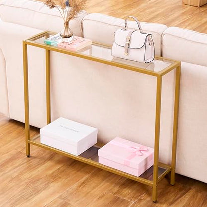 MAJARO Small Modern Console Table for Entryway, Tempered Glass with Metal Frame Sofa Table for Living Room, Hallway, Office (Double-Layer, Gold) - color: Gold, style: Double-layer