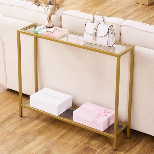 MAJARO Small Modern Console Table for Entryway, Tempered Glass with Metal Frame Sofa Table for Living Room, Hallway, Office (Double-Layer, Gold) - color: Gold, style: Double-layer