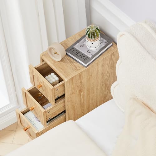 Small Nightstand Set of 2, Narrow Nightstand Slim Couch Side Table with Drawers, Wood End Tables with Storage for Living Room, Bedroom, Small Spaces (Natural-2pcs) - color: 3drawers-natural-2pcs