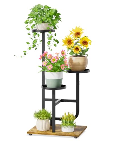 iDavosic.ly 3 Tier Plant Stand Indoor, Corner Tiered Multiple Flower Holder Shelf with Metal Trays, Orchid Display Wooden Rack for Patio Porch Living Room Balcony Outdoor, Modern Black & Rustic Brown - color: Modern Black, size: 3 Tiers
