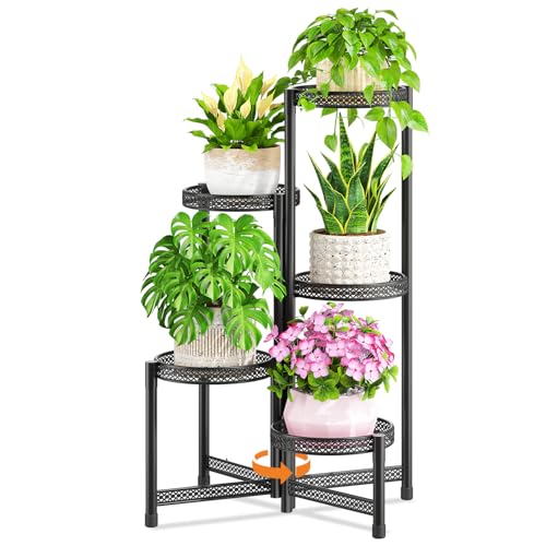 LASZOLA 5 Tiered Folding Tall Plant Stand Indoor Outdoor for Large Planter, Heavy Duty Metal Adjustable Multiple Flower Rack for Corner, Wrought Iron High Spiral Holder for Modern House Patio, Black - size: 5 Tier, Black Openwork(with Drainage)