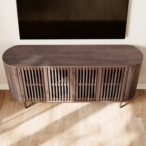 WAMPAT 64.4" Fluted TV Stand, Wood Entertainment Center for TVs Up to 70 inches, Curved Edge Media Console Table with Doors and Shelves for Living Room, Bedroom, Walnut - color: Walnut