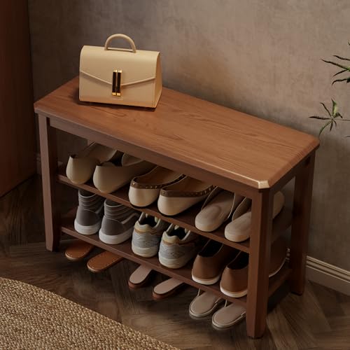 AQIMUELE Wood Shoe Rack Bench for Entryway, 2 Tier Shoe Rack for Front Door Entrance, Shoe Bench with Shoe Storage for Entryway, Bedroom, 31.5" - color: Walnut-wood Seat, size: 31.5"W x 20.4"H x 11.8"D