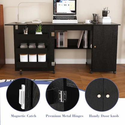 HRVEOCEI 4-in-1 Folding Sewing Table with Storage, Sewing Desk Foldable with Lockable Wheels & Power Socket, Sewings Machine Cabinet & Craft Desk with Shelves, Compact Design (Black, 57 Inch) - color: Black, size: 57 Inch