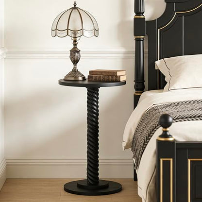 Small Drink Table, Round Pedestal Side Table, Martini Table for Small Spaces, Wooden End Table with Spiral Leg, Plant Stand Accent Table for Living Room, Bedroom, Bathroom, Easy Assembly, Black - color: Black