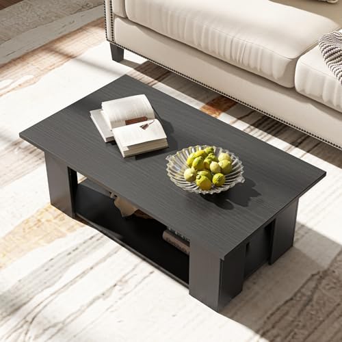 Tangkula 2-Tier Coffee Table, Modern Rectangular Center Cocktail Table with 5 Support Legs, Wooden Accent Living Room Furniture, Small Coffee Table for Small Spaces, Easy Assembly (Black) - color: Black