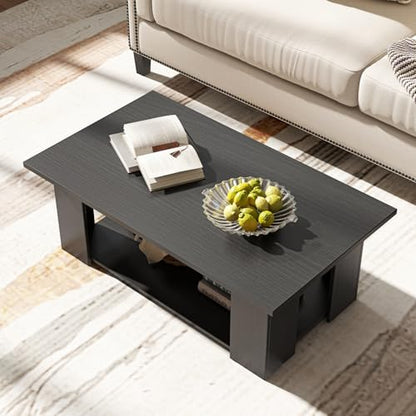 Tangkula 2-Tier Coffee Table, Modern Rectangular Center Cocktail Table with 5 Support Legs, Wooden Accent Living Room Furniture, Small Coffee Table for Small Spaces, Easy Assembly (Black) - color: Black