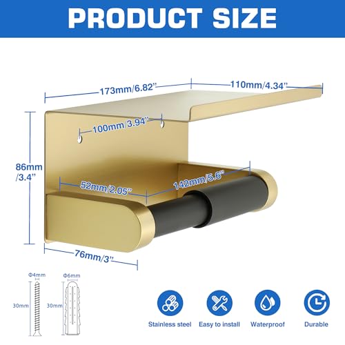 Alise Toilet Paper Holder Adhesive Toilet Paper Roll Holder SUS304 Stainless Steel Toilet Paper Holder with Shelf Spring Loaded Tissue Holder Wall Mount(Adhesive or Screw),Gold and Black Finish - color: Gold and Black, size: with Shelf