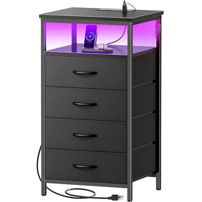 Huuger Night Stand with Charger Station and LED Lights, 4 Drawer Nightstand, Bed Side Table with Open Shelf, End Table, Fabric Dresser for Bedroom, Black - color: Black, size: 11.8"D x 15.7"W x 33.9"H（4 Drawers）