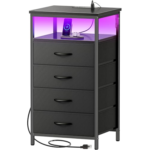 Huuger Night Stand with Charger Station and LED Lights, 4 Drawer Nightstand, Bed Side Table with Open Shelf, End Table, Fabric Dresser for Bedroom, Black - color: Black, size: 11.8"D x 15.7"W x 33.9"H（4 Drawers）