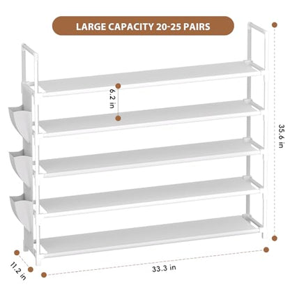 OYREL 5 Tier Shoe Organizer, 33.3in Wide x 11.2in Deep x 35.6in Tall, Black Metal and Plastic Shoe Rack with Side Bag, Holds 20-25 Pairs of Shoes - color: White, size: 5 Tier
