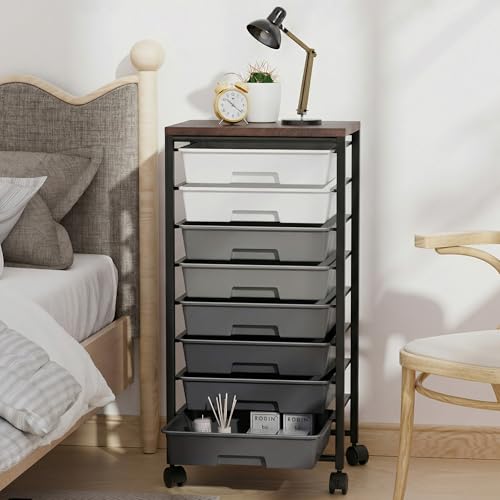 Rolling Cart with 8 Drawers, Storage Drawers Cart with Wooden Tabletop and Lockable Wheels, Craft Storage for Living Room, Office, Classroom, Craft Room, Bedroom (Gray) - color: Gray