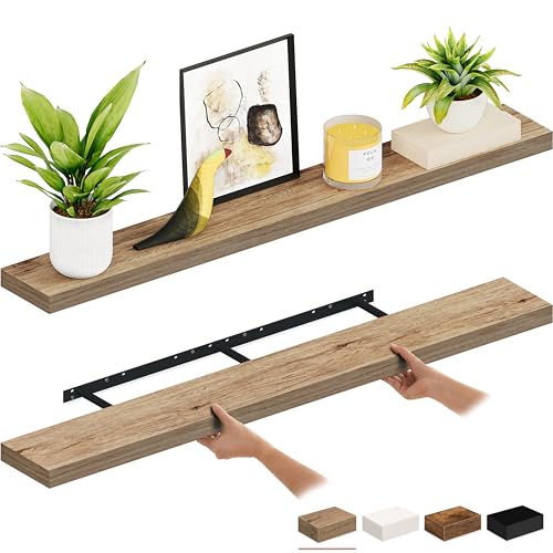 Ballucci Floating Shelves, 55" Wood Wall Shelf Set of 2, with Invisible Brackets for Bathroom, Living Room, Bedroom, Kitchen, Nursery, 6" Deep, Oak - color: Natural Oak, size: 55.1 inches