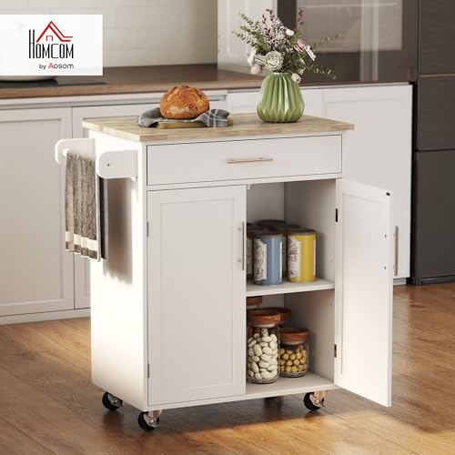 HOMCOM Kitchen Island Cart, Rolling Island Table with Solid Wood Top, Trolley Cart with Drawer, Storage Cabinet & Towel Rack, White - color: White