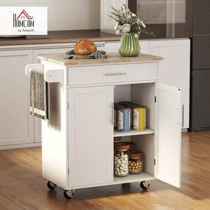 HOMCOM Kitchen Island Cart, Rolling Island Table with Solid Wood Top, Trolley Cart with Drawer, Storage Cabinet & Towel Rack, White - color: White