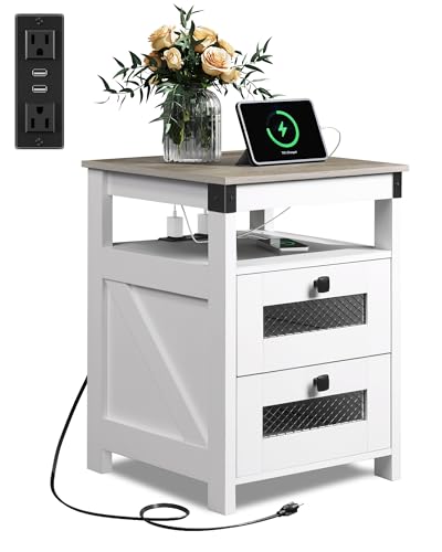 WLIVE Nightstand with Charging Station, Farmhouse End Table, Bed Side Table with 2 Storage Drawers and Open Shelf, Wood Rustic Nightstands for Bedroom, White and Greige - color: Greige and White, style: Farmhouse