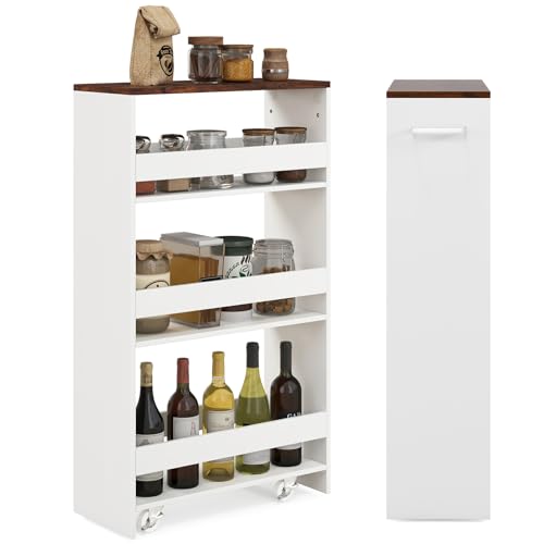 LOKO 4-Tier Rolling Storage Cart, 8 Inches Slim Kitchen Cart on Wheels with Open Shelves & Handle, Laundry Room Cart Between Washer and Dryer, for Bathroom Next to Fridge (White & Rustic Brown) - color: White & Rustic Brown