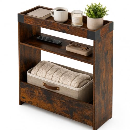 Farmhouse Narrow Side Table with Tray Top & Magazine Rack, Sofa Couch Side Table with Storage Shelf, Slim End Table for Small Spaces, Modern Nightstand for Bedroom, Living Room (Rustic Brown) - color: Rustic Brown