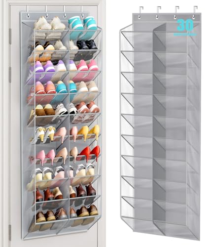 MISSLO 30 Pairs Over the Door Shoe Organizer Breathable Mesh Hanging Shoe Rack for Closet Storage with Wide Deep Pockets 10 Tier Shoes Holder Fit All the Family's Sneakers, Boots, Heels (Grey, 71") - color: Grey, size: 71"