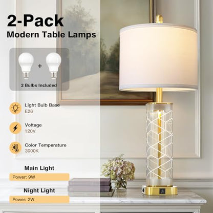 28" Gold Print Glass Table Lamps Set of 2 with Night Light, Modern Bedside Lamps with USB C+A Charging Ports, Nightstand Lamps for Living Room, Glass Lamps for Bedroom End Table, 2 Bulbs Included - color: Gold Print(2 Pack)