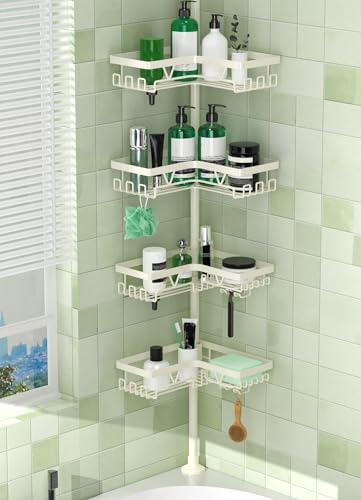 DAOYA Corner Shower Caddy Tension Pole - Adjustable Shower Caddy Off-white | WIth 28 Hook/2 Soap Dish/ 2 Razor Holder, Rustproof, For Bathtub/Bathroom, Floor to Ceiling 25-114 Inch, Simple Install - color: Off-white