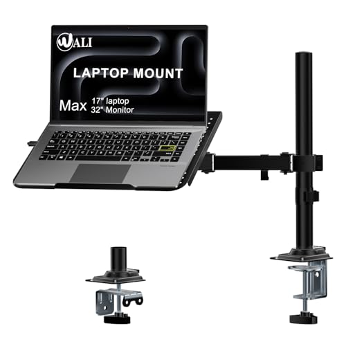 WALI Laptop Desk Mount for 17 inch Notebook, Adjustable Single Monitor Arm with Laptop Holder for 32 inch Screen, Laptops Stand with Ventilated Tray, Up to 22 lbs, (M00LP), Black - size: Single, style: Adjustable Desk Mount